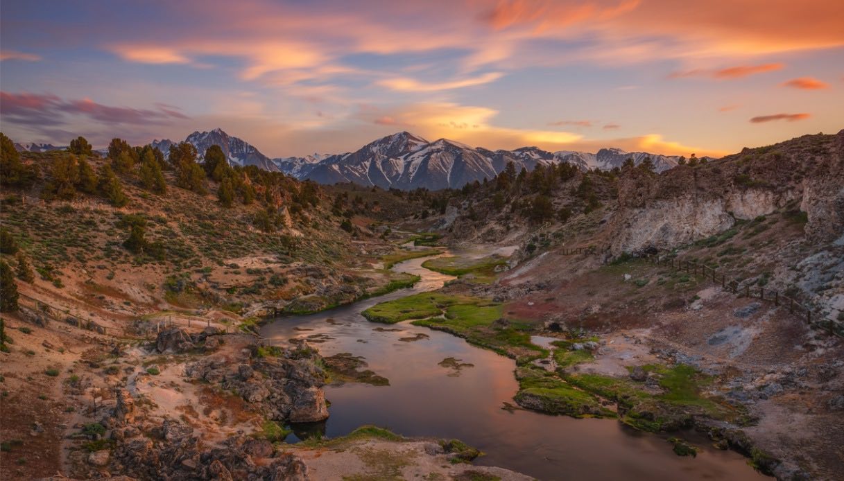 Hot Creek a Mammoth Lakes tramonto